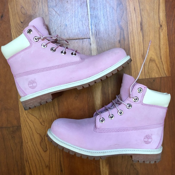 pink and white timbs